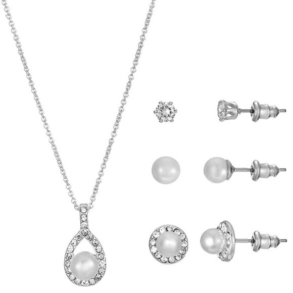 PRIMAVERA 4pc White Pearl/Clear CZ Silver Plated Necklace & Stud Earrings Set - Picture 1 of 3